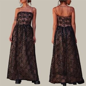 Harry Acton for After Five Vintage Black Lace Sequin Maxi Dress Gown Nude 8